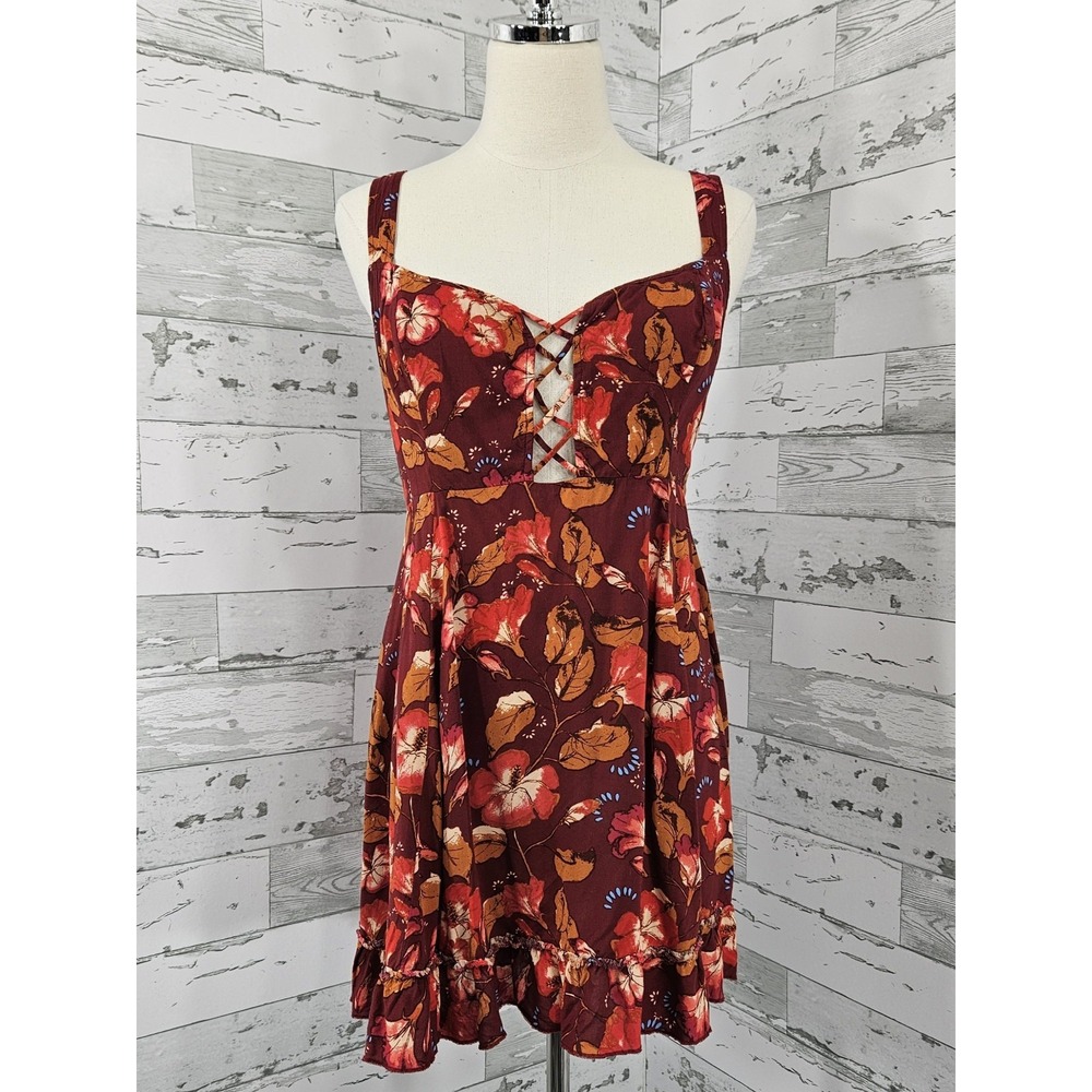 Free People Red Combo Lattice Lovers Slip Mini Dress Womens Medium